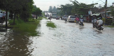 QL53 qua thị trấn Long Hồ thường ngập nặng khi mưa lũ, triều cường.