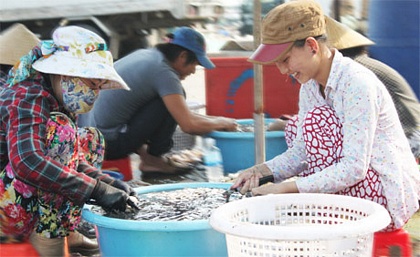 Phân loại, sơ chế mực, tôm ngay tại cảng, tạo việc làm cho hàng trăm lao động tại thị trấn Vàm Láng.