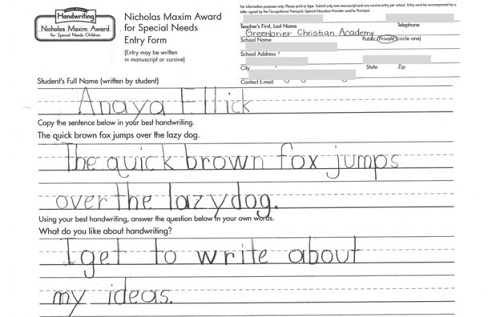 Chữ viết tay của bé Ellick trong cuộc thi. Ảnh: BBC