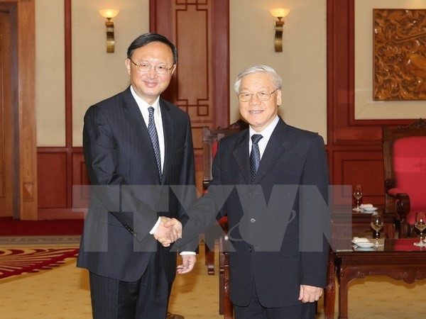 Tổng Bí thư Nguyễn Phú Trọng tiếp Ủy viên Quốc vụ Trung Quốc Dương Khiết Trì. (Ảnh: Trí Dũng/TTXVN)