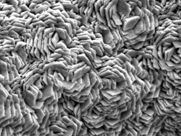 Hình ảnh kính hiển vi điện tử cho thấy bọt niken tráng graphene và sau đó là bề mặt xúc tác của sắt, mangan và phốtpho. (Nguồn: phys.org)