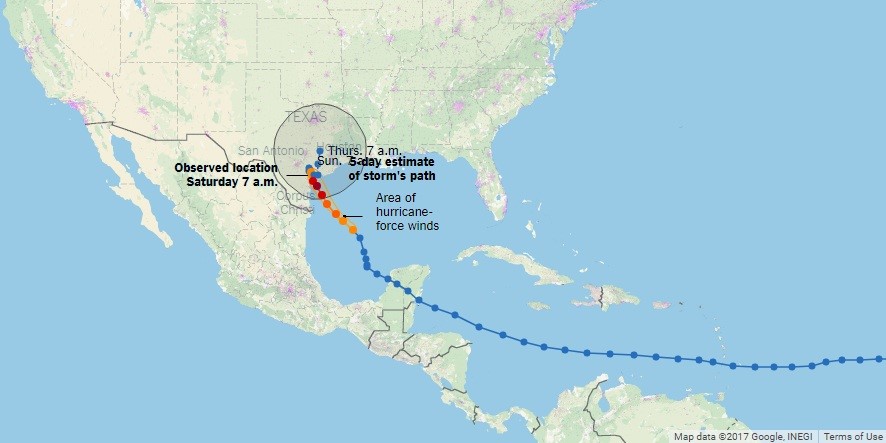 Bản đồ đường đi của cơn bão Harvey - Ảnh: National Weather Service