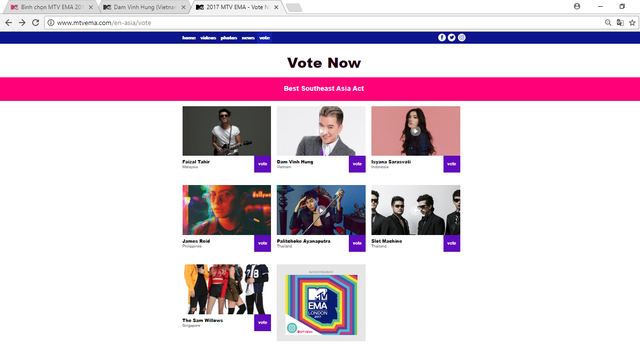 Danh sách các ca sĩ đại diện cho 6 quốc gia tranh giải Nghệ sĩ Đông Nam Á xuất sắc nhất của giải thưởng âm nhạc MTV EMA 2017 - Ảnh: MTV
