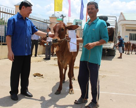 Bí thư Tỉnh ủy- Trần Văn Rón động viên hộ Khmer nghèo được nhận bò giống phấn đấu lao động, giảm nghèo bền vững.