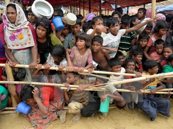 Người tị nạn Rohingya xếp hàng chờ nhận lương thực cứu trợ tại trại tị nạn Thaingkhali ở Ukhia, Bangladesh. (Nguồn: AFP/TTXVN)