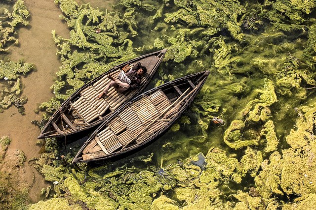 “Người đàn ông trên thuyền” là tác phẩm của Debashis Mukherjee, khi lại khoảnh khắc thảnh thơi của người đàn ông đang đọc báo giữa dòng nước.