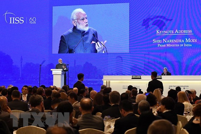 Thủ tướng Ấn Độ Narendra Modi phát biểu tại phiên khai mạc Đối thoại Shangri-La tại Singapore ngày 1/6. (Nguồn: AFP/TTXVN)