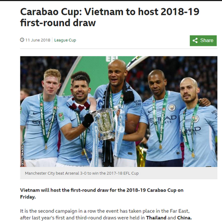 Hãng tin BBC đưa tin Việt Nam tổ chức bốc thăm vòng 1 Cúp Liên đoàn Anh.