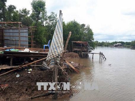 Ngày 21/5/2018, sạt lở nghiêm trọng đã nhấn chìm 5 căn nhà và đe dọa hàng chục ngôi nhà khác của người dân trên tuyến sông Ô Môn thuộc khu vực Thới Lợi, phường Thới An, quận Ô Môn, thành phố Cần Thơ. Ảnh: Thanh Liêm/TTXVN