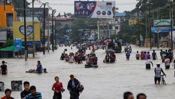 Cảnh ngập lụt sau mưa lớn kéo dài tại Bago, Myanmar ngày 28/7. Ảnh: EPA