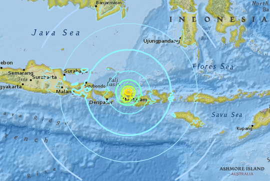 Bản đồ của cơ quan Khảo sát địa chất Mỹ cho thấy trận động đất mạnh cấp độ 7,0 tấn công đảo Lombok - Indonesia, hôm 5/8. Ảnh: Cơ quan Khảo sát địa chất Mỹ