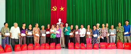 Phó Chủ tịch nước- Đặng Thị Ngọc Thịnh và Phó Chủ tịch UBND tỉnh- Trần Hoàng Tựu trao quà cho các gia đình.