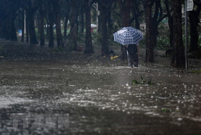 Một tuyến phố bị nhấn chìm trong nước lũ sau khi bão Mangkhut đổ bộ vào tỉnh Quảng Đông, Trung Quốc ngày 16/9. (Nguồn: THX/TTXVN)