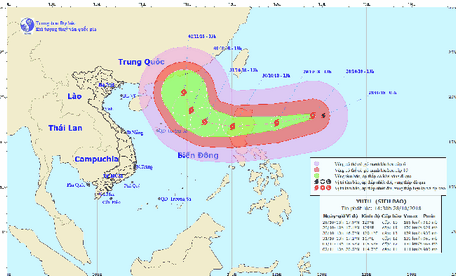 Dự báo trong 24 giờ tới, siêu bão di chuyển theo hướng Tây Tây Nam, mỗi giờ đi được 15-20km. Nguồn: nchmf.gov.vn