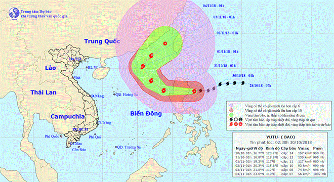 Dự báo vị trí và đường đi của bão Yutu. (Nguồn: nchmf.gov.vn)