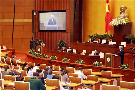 Chủ tịch nước Nguyễn Phú Trọng trình bày Tờ trình đề nghị Quốc hội phê chuẩn Hiệp định Đối tác Toàn diện và Tiến bộ xuyên Thái Bình Dương (CPTPP) cùng các văn kiện liên quan. Ảnh: Trọng Đức/TTXVN