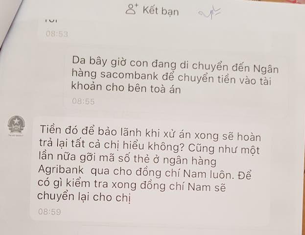 Tin nhắn của nữ nạn nhân ở Trà Vinh bị lừa mất hơn 800 triệu đồng.