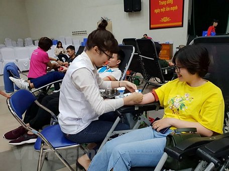 Các bạn trẻ tham gia hiến máu tại Ngày hội trái tim tình nguyện. (Ảnh: PV/Vietnam+)