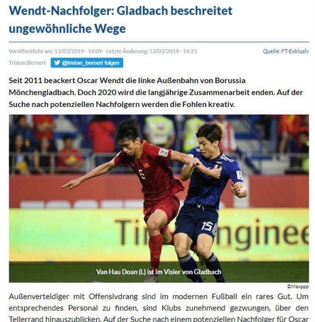 Thông tin về Văn Hậu được Borussia Monchengladbach quan tâm trên báo chí Đức