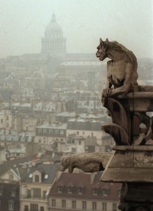 Một máng xối nước mặt quỷ nhìn bao quát Paris từ đỉnh Nhà thờ Đức Bà ngày 10/1/1997. Công trình này và các máng xối nước của nó là một trong những đặc điểm tiêu biểu của Paris thời trung cổ.