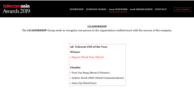 Tên của ông Nguyễn Thanh Nam đã được xướng lên ở hạng mục CEO của năm. (Ảnh chụp màn hình) 