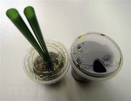 Cốc càphê sử dụng ống hút nhựa (trái) của Starbucks sẽ được thay thế bằng cốc nhựa với nắp đậy có khe hở (phải). (Ảnh minh họa: AFP/TTXVN)