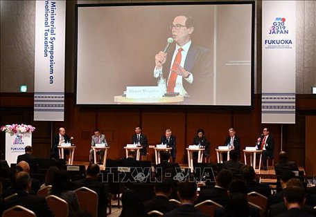 Bộ trưởng Tài chính Mỹ Steven Mnuchin phát biểu tại Hội nghị Bộ trưởng Tài chính và Thống đốc Ngân hàng Trung ương của Nhóm các nền kinh tế phát triển và mới nổi hàng đầu thế giới (G20) tại Fukuoka, Nhật Bản ngày 8/6/2019. Ảnh: AFP/TTXVN