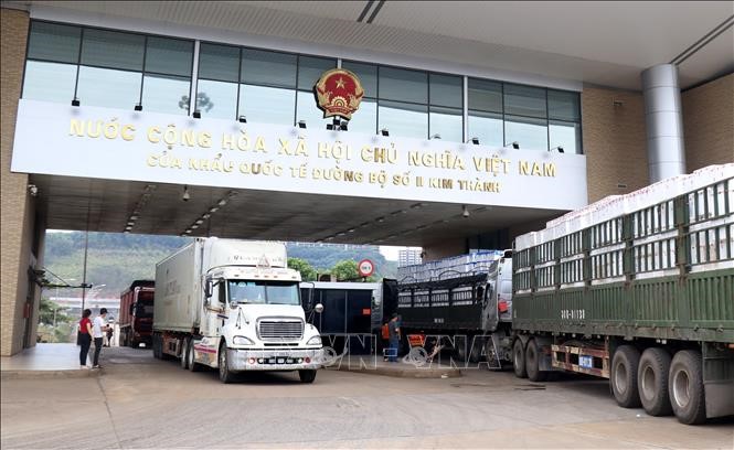 Xe chở hàng nông sản của doanh nghiệp làm thủ tục thông quan tại Cửa khẩu quốc tế đường bộ Kim Thành (Lào Cai). Ảnh: Quốc Khánh/TTXVN