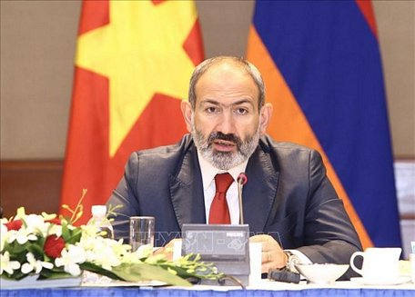 Thủ tướng Cộng hòa Armenia Nikol Pashinyan phát biểu trong buổi tọa đàm: Việt Nam - Armenia tăng cường hợp tác trong lĩnh vực thương mại, đầu tư . Ảnh: Minh Quyết/TTXVN