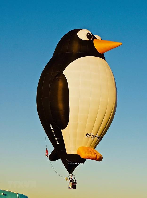 Khinh khí cầu hình chim cánh cụt bay trong Lễ hội khinh khí cầu quốc tế ở Albuquerque, bang New Mexico, Mỹ. (Ảnh: THX/TTXVN)
