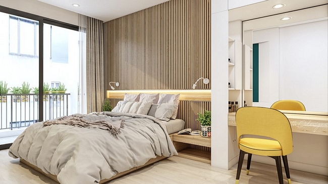 Tường đầu giường ốp bằng nan gỗ, tạo ấn tượng cho phòng ngủ master.