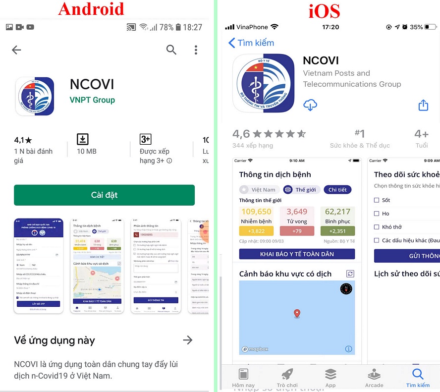 Truy cập CH Play hoặc App Store để tải ứng dụng có tên NCOVI.