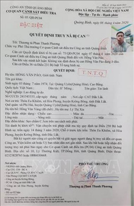  Quyết định Truy nã bị can Hồng Văn Páo. Ảnh: TTXVN phát