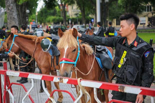  Để chuẩn bị cho màn diễu hành này, ngay từ sớm lực lượng Cảnh sát cơ động Kỵ binh đã có mặt gần tòa nhà Quốc hội, hoàn tất những khâu cuối cùng. (Ảnh: Minh Sơn/Vietnam+)
