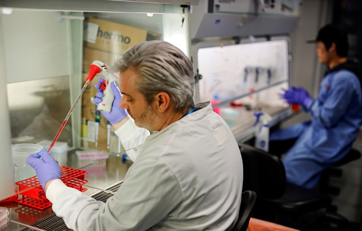 Nghiên cứu vắcxin phòng COVID-19 tại một phòng thí nghiệm ở London, Anh. (Nguồn: AFP/TTXVN)