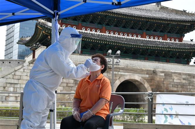 Nhân viên y tế lấy mẫu dịch xét nghiệm COVID-19 cho người dân gần chợ Namdaemun ở thủ đô Seoul, Hàn Quốc ngày 10/8/2020. Ảnh: AFP/TTXVN
