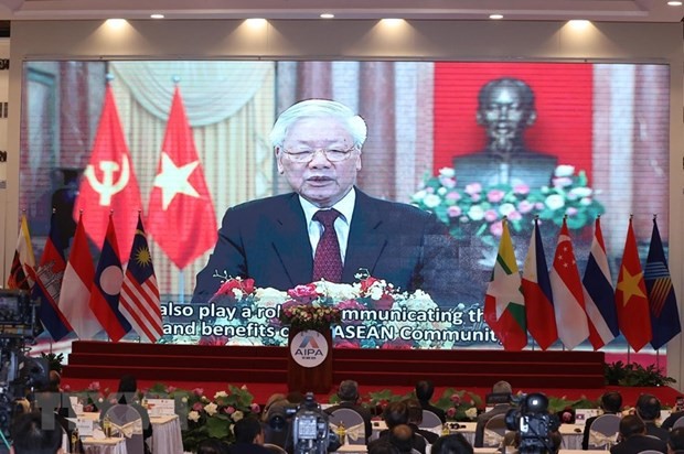 Tổng Bí thư, Chủ tịch nước Nguyễn Phú Trọng phát biểu chào mừng trực tuyến đến đại hội. (Ảnh: TTXVN)