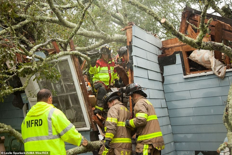 Lực lượng cứu hộ đang giải cứu một người dân bị mắc kẹt trong nhà tại Mobile, Alabama. Ảnh: REX.