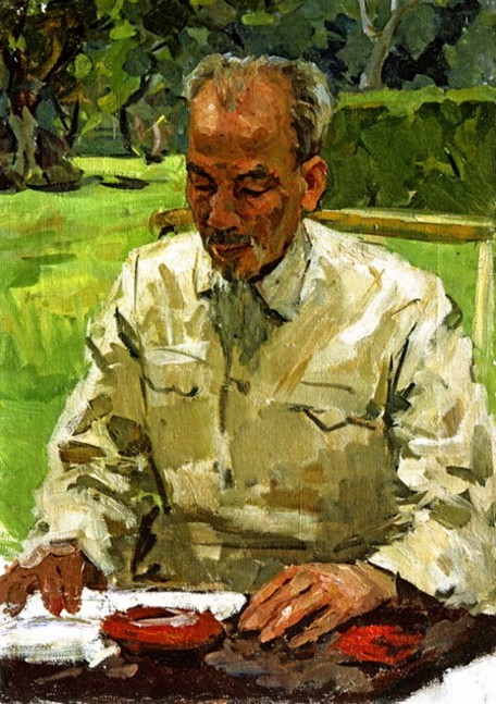Chủ tịch Hồ Chí Minh làm việc tại Phủ Chủ tịch năm 1960.  Tranh sơn dầu của P.Kuznetsov