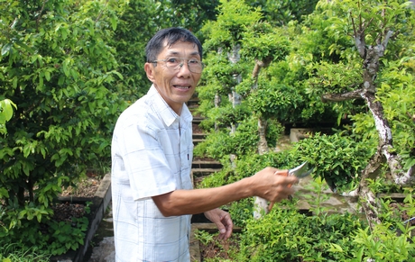 Từ khi xã Long Phước về đích NTM rồi NTM nâng cao, đời sống người dân ngày càng khá hơn. Trong ảnh: Ông Sĩ đang chăm chút cho dàn cây kiểng.