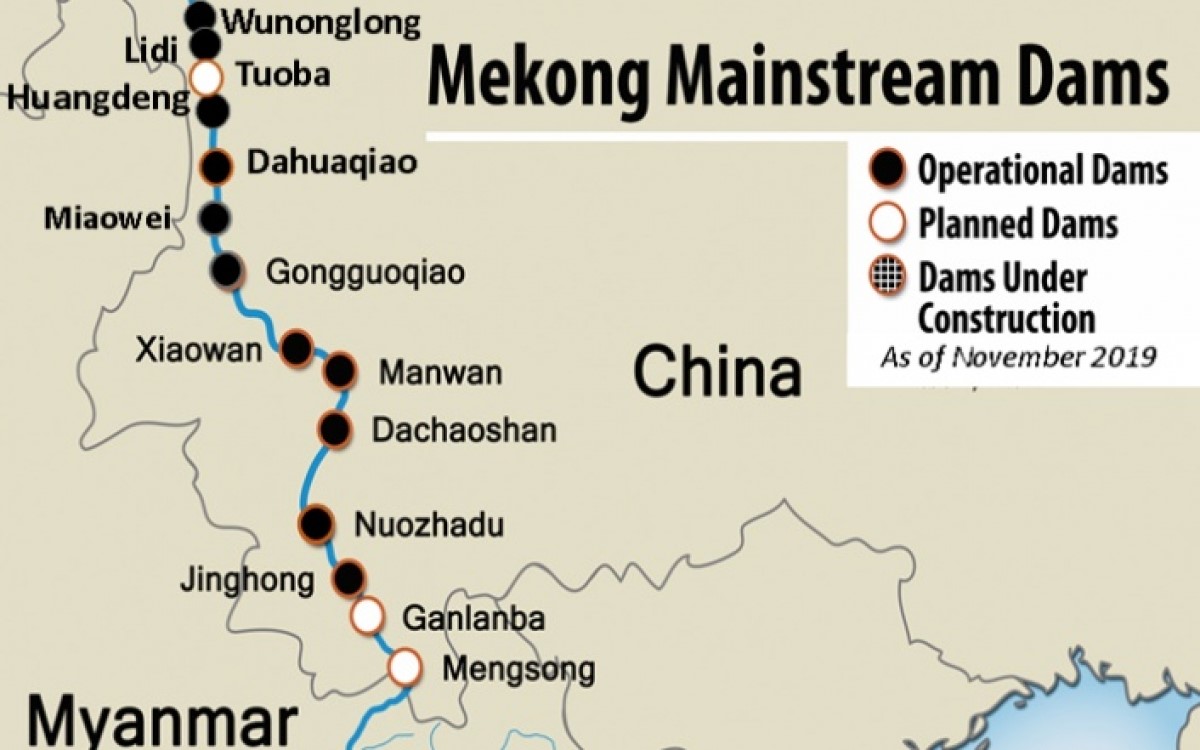 Trung Quốc xây rất nhiều đập trên dòng Lan Thương (vùng thượng nguồn sông Mekong), tính đến thời điểm tháng 11/2019. Đồ họa: Trung tâm Stimson.