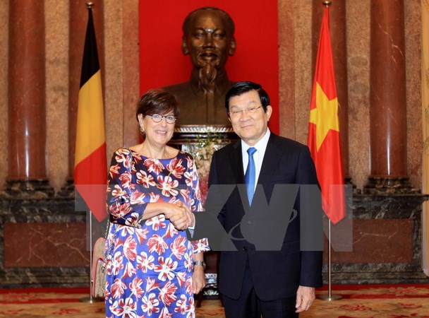 Chủ tịch nước Trương Tấn Sang tiếp Đại sứ Đặc mệnh Toàn quyền Vương quốc Bỉ tại Việt Nam Jehanne Roccas đến trình quốc thư. (Ảnh: An Đăng/TTXVN)