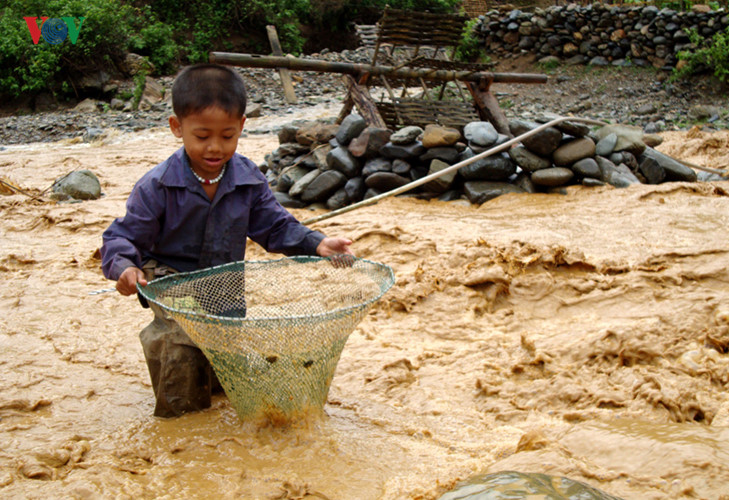 Cháu bé ở xã Mường Mô, huyện Mường Tè tìm cơ may bên dòng suối lũ.