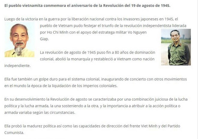 Truyền thông Argentina viết về ý nghĩa Cách mạng tháng Tám. (Nguồn: Vietnam+)
