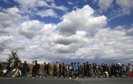 Hàng trăm dân tị nạn ngày 4/10 đi bộ dọc biên giới Serbia - Hungary yêu cầu EU mở cửa. (ảnh: Reuters)
