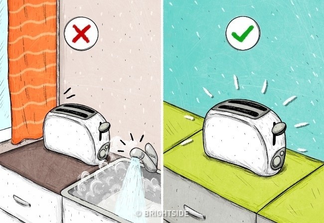 Máy nướng bánh: Hãy đảm bảo bạn không để máy nướng bánh ở gần khu vực có nước và không sử dụng máy bằng tay ướt. Giữ máy tránh xa các vật dễ cháy như rèm cửa. Lò nướng dùng để chế biến bánh mì khô và bánh ngọt, không sử dụng với các loại bánh mì có bơ, kem. Nếu sử dụng máy thường xuyên, bạn nên làm sạch bộ phận bên trong lò, loại bỏ mảnh vụn bánh mì ít nhất một lần/tuần. Lưu ý, rút điện trước khi làm sạch. 