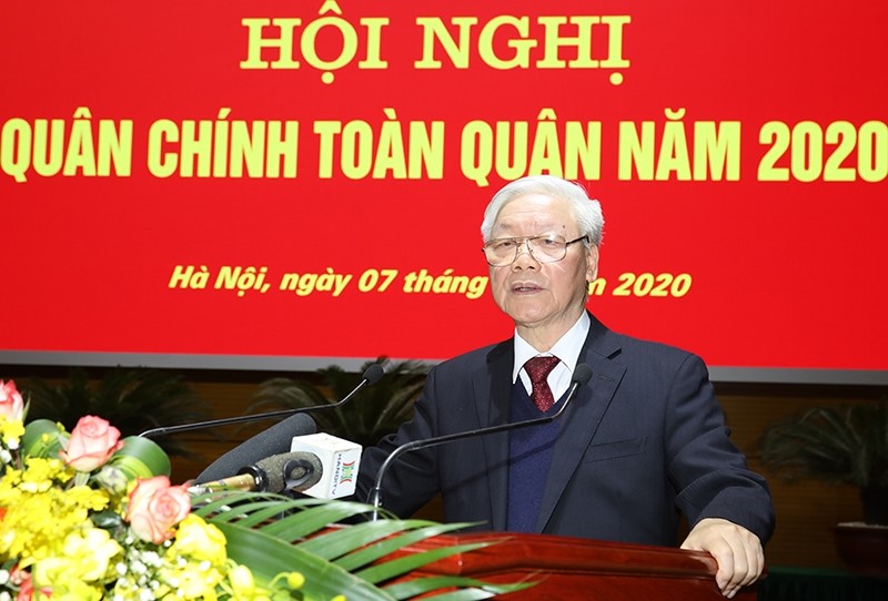 Tổng Bí thư, Chủ tịch nước Nguyễn Phú Trọng phát biểu tại Hội nghị Quân chính toàn quân năm 2020. Ảnh Bộ Quốc phòng