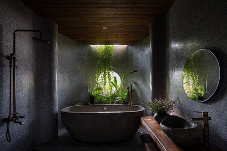 Phòng tắm hiện đại nhưng vẫn mang lại sự thư giãn với sự xuất hiện của các cây xanh. 