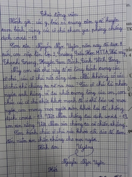 Bức thư của bé Ngọc Uyên (8 tuổi, xã Mỹ Thạnh Trung- Tam Bình) gửi lời cảm ơn các y- bác sĩ Bệnh viện Dã chiến số 3 (Tam Bình).