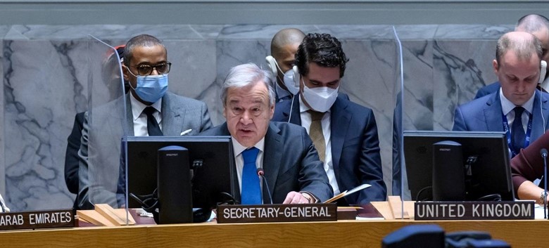Tổng thư ký Liên hợp quốc António Guterres phát biểu tại cuộc họp của Hội đồng Bảo an về tình hình Ukraine (Ảnh: UN) 